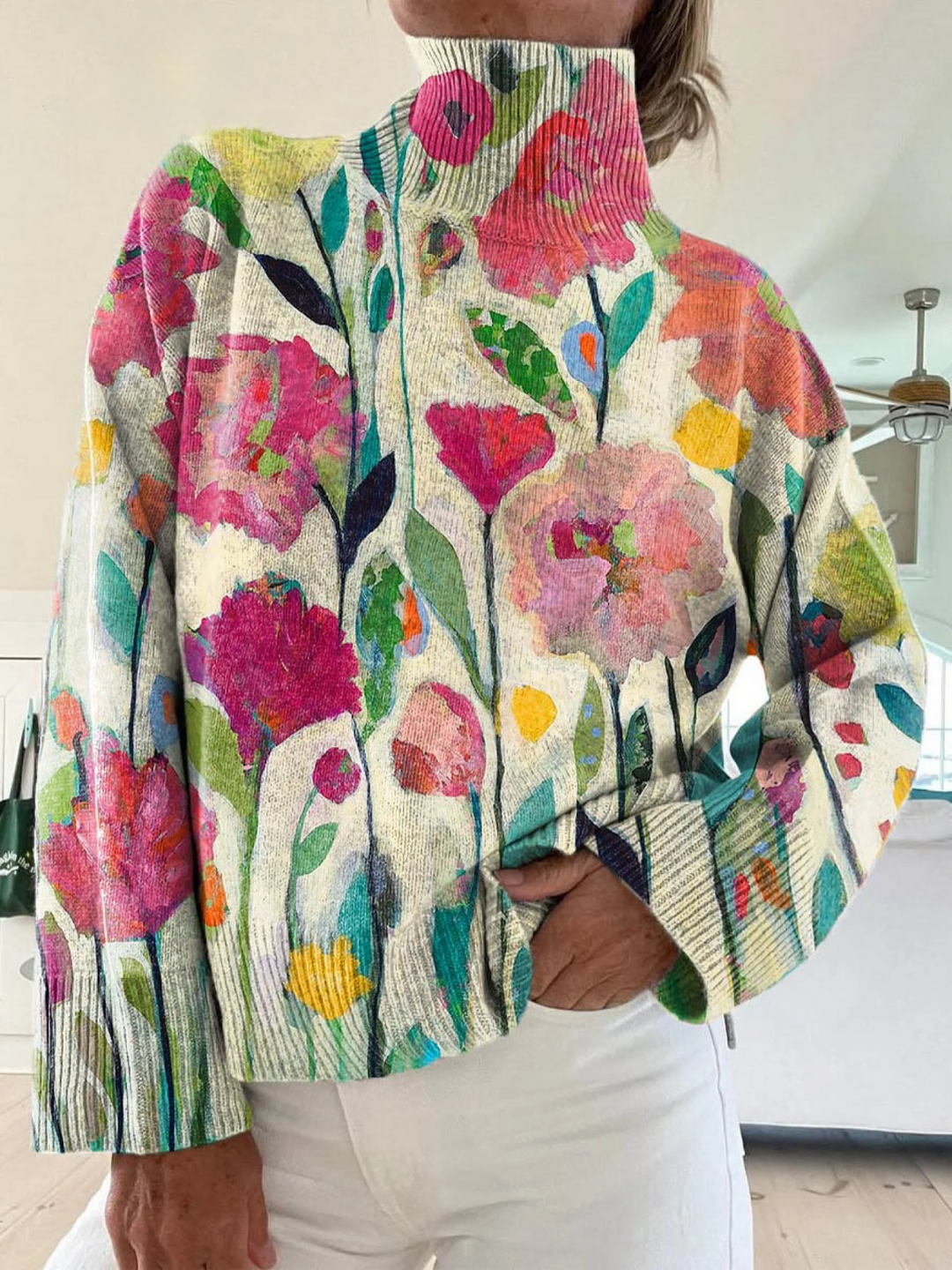 Women's Vintage Lovely Floral Art Print Knit Turtleneck Pullover Sweater