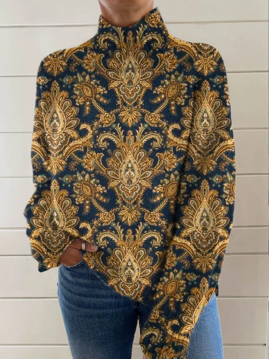 Women's Vintage Lovely Floral Art Print Knit Turtleneck Pullover Sweater