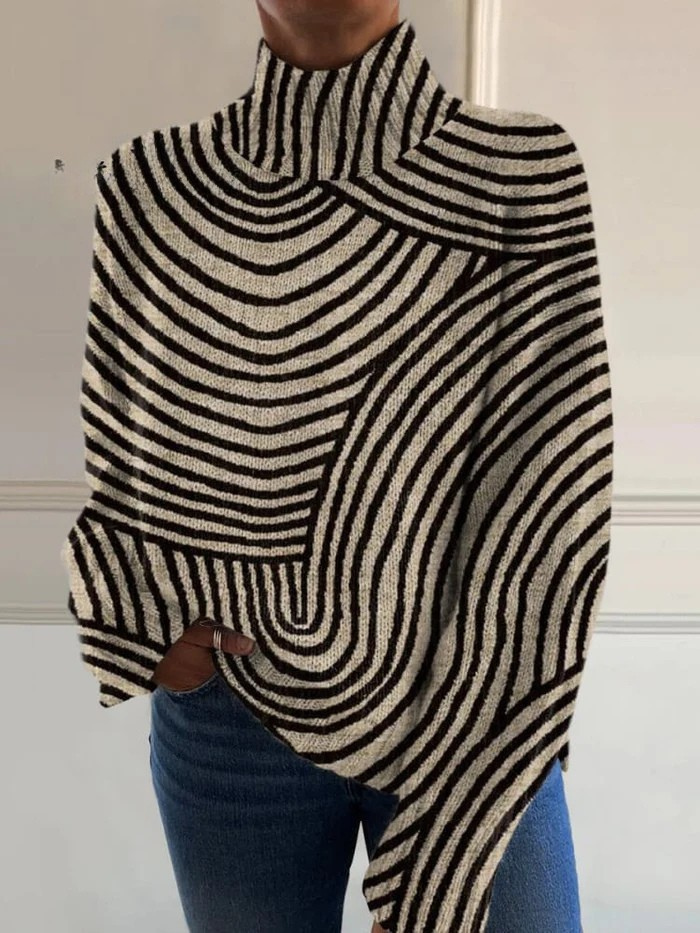 Vintage Hand Drawn Line Pattern Print Knit Turtleneck Pullover Sweater