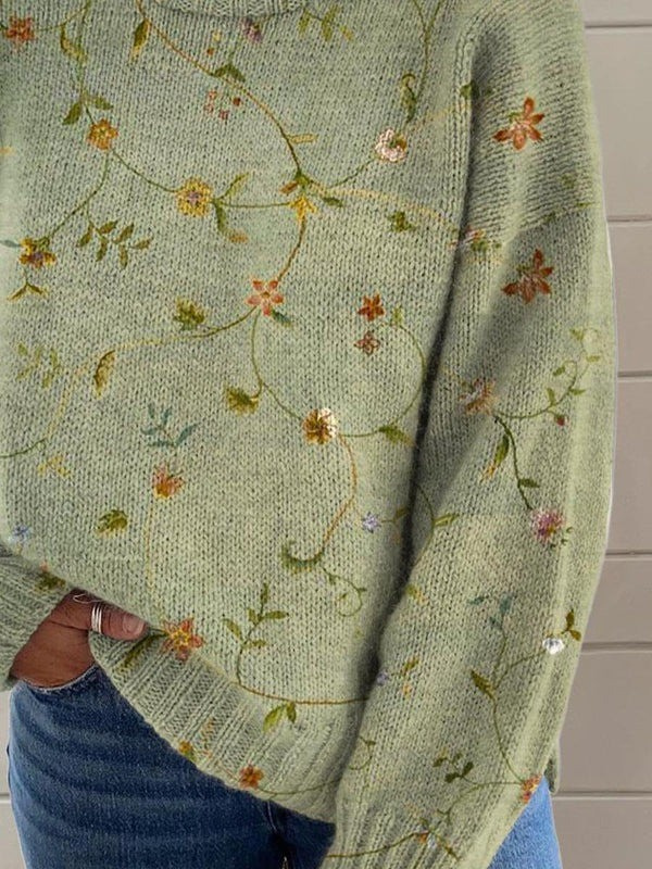 Women's Lovely Floral Art Print Knit Turtleneck Pullover Sweater